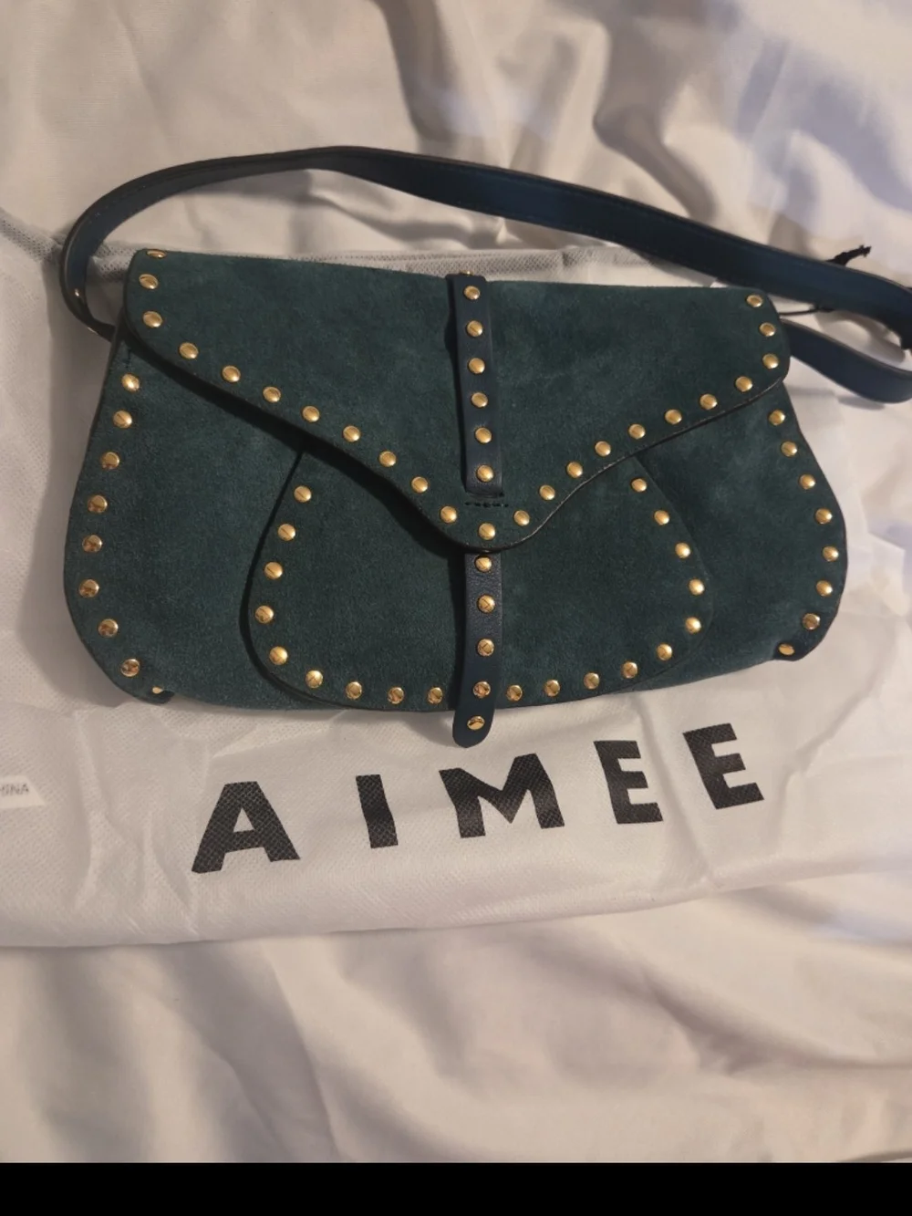 NWT Aimee Kestenberg Amour Baguette Teal Suede Studded Shoulder Bag